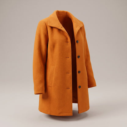 Angled front view of a bright orange women's wool coat with a wide collar and three dark buttons.