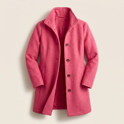 Top-down view of a fuchsia pink women's wool coat, slightly open, with a wide collar and three dark buttons.