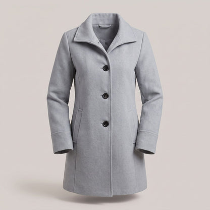 Front view of a light grey women's wool coat with a wide collar and three dark buttons.