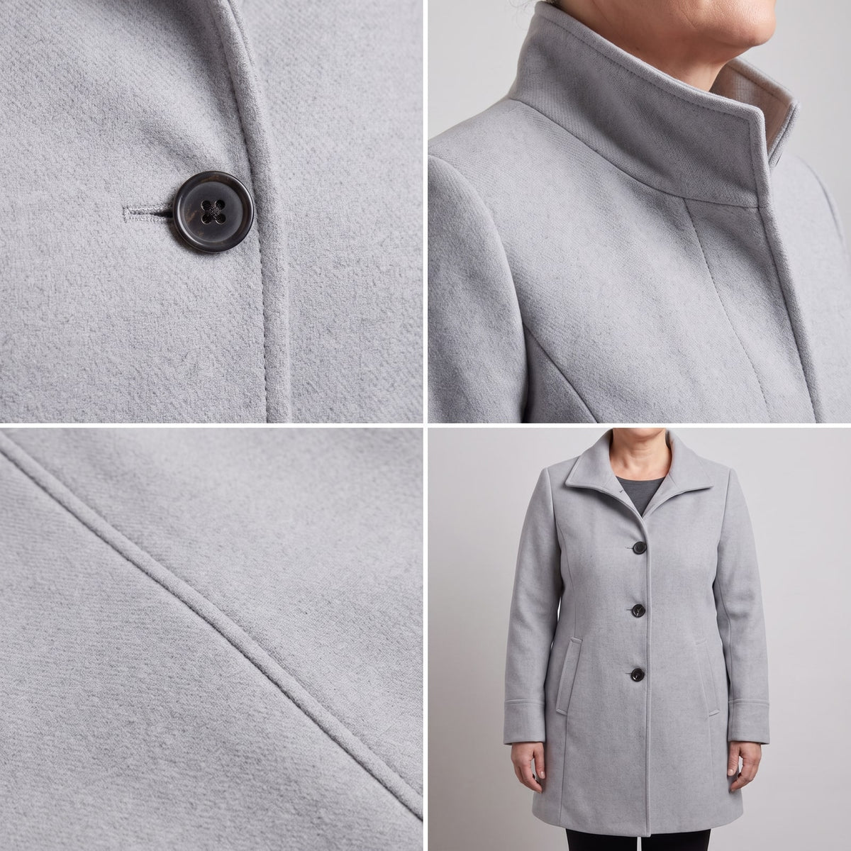 A four-panel collage showing details of the light grey coat: a button, the collar, a seam, and the coat on a model.