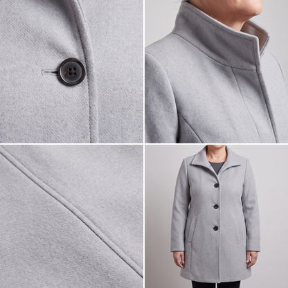 A four-panel collage showing details of the light grey coat: a button, the collar, a seam, and the coat on a model.