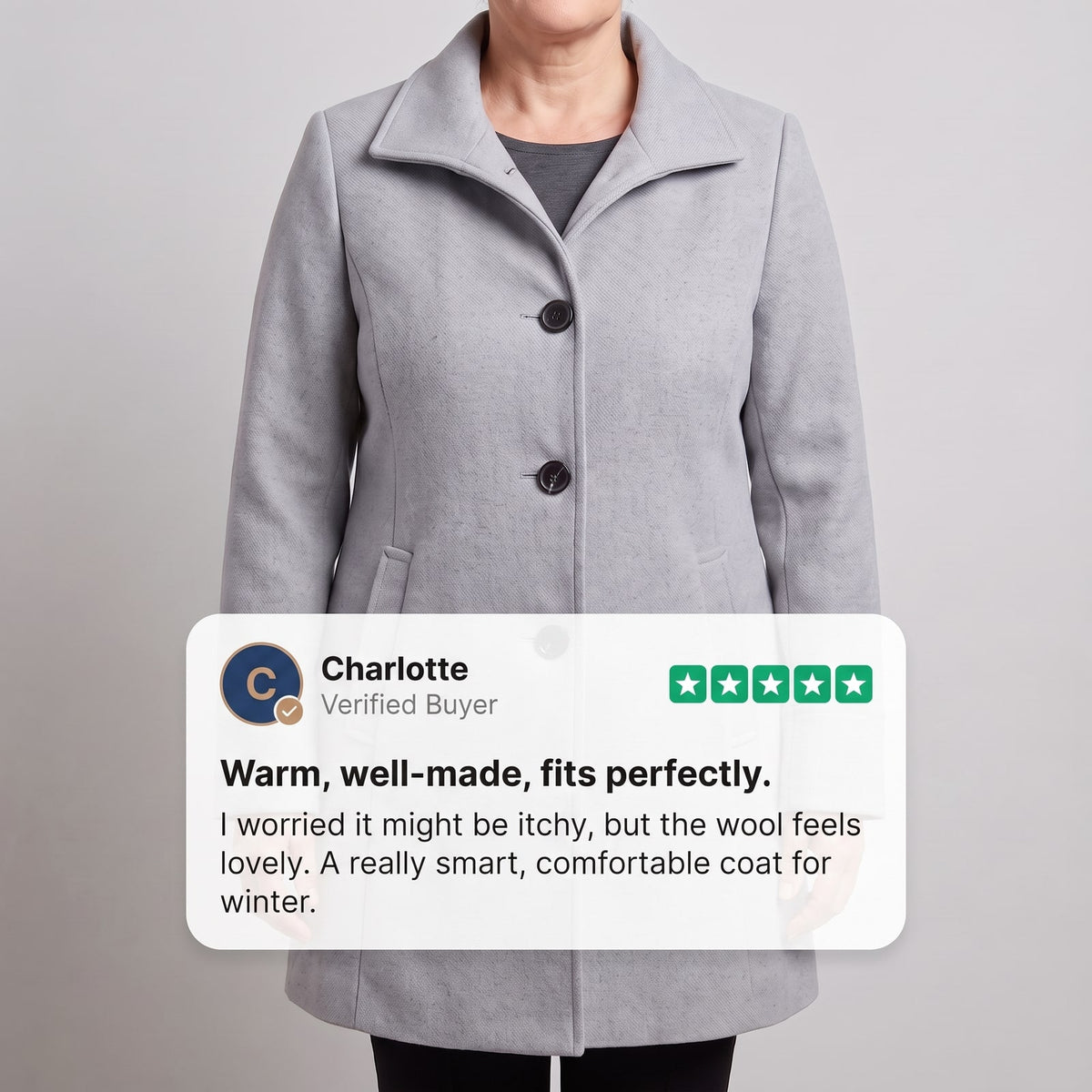 A light grey women's wool coat on a model, overlaid with a customer review stating 'Warm, well-made, fits perfectly.'
