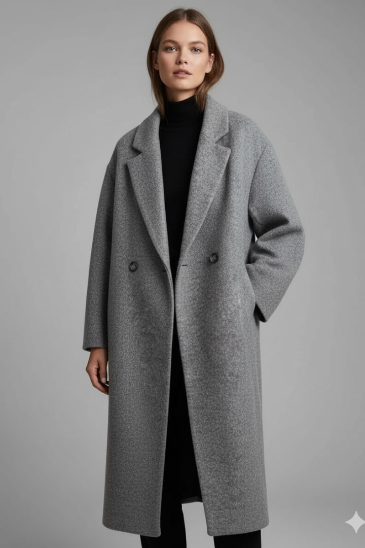 Front view of a woman wearing the grey double-breasted longline coat open over a black turtleneck.