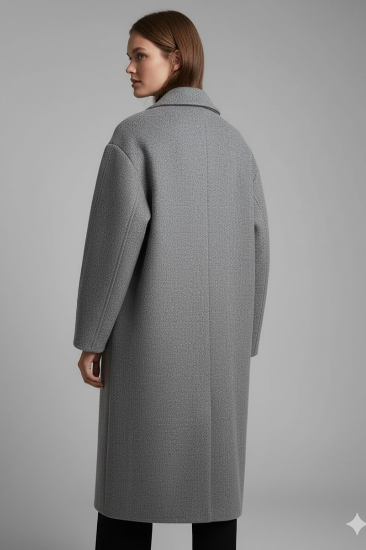 Back view of a woman wearing the grey double-breasted longline coat.