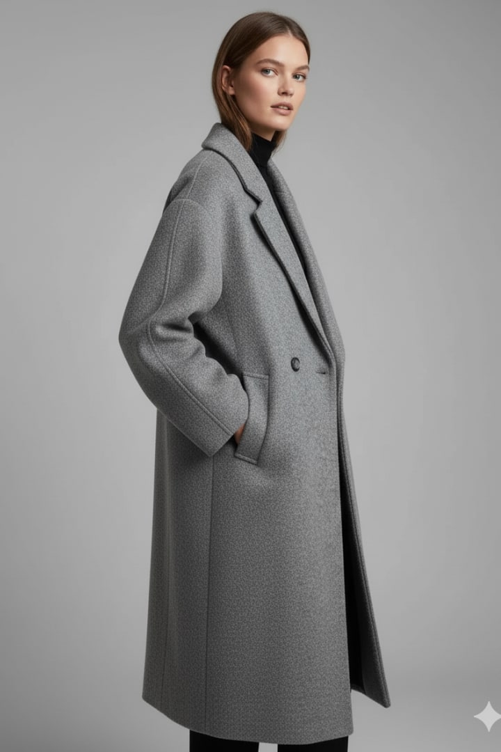 Side view of a woman wearing the grey double-breasted longline coat with her hand in a pocket.