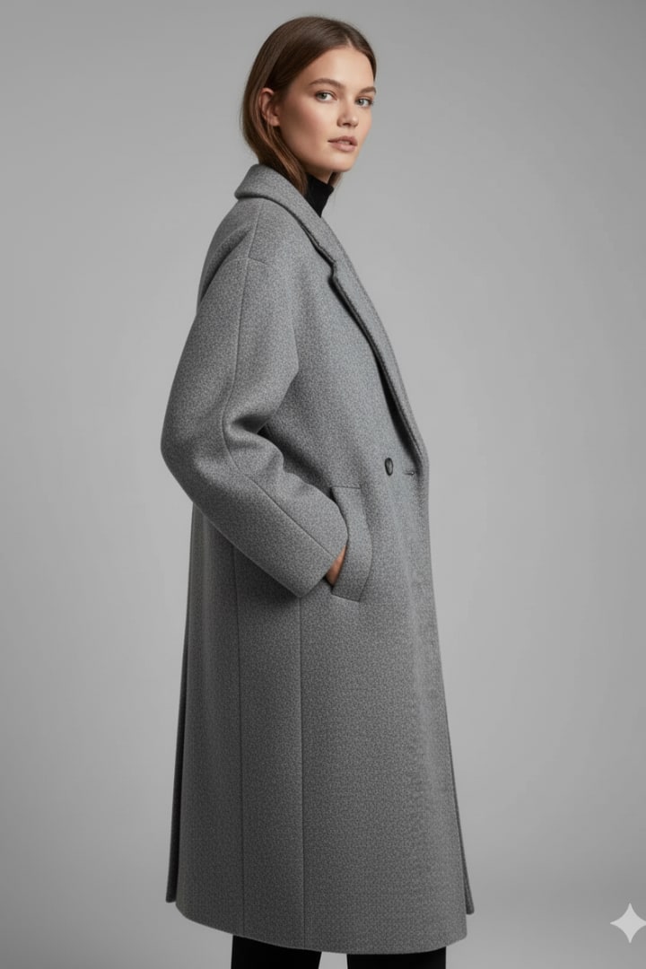Side view of a woman wearing the grey double-breasted longline coat with her hand in a pocket, slightly different angle.