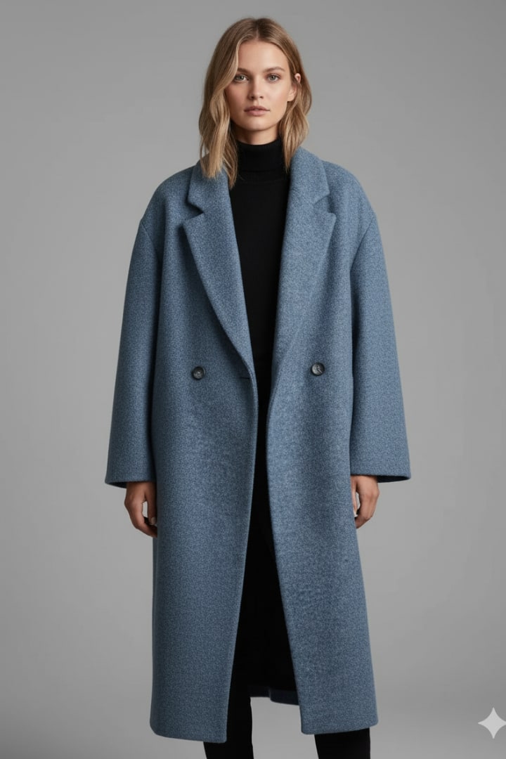 Front view of a woman wearing the blue double-breasted longline coat open over a black turtleneck.