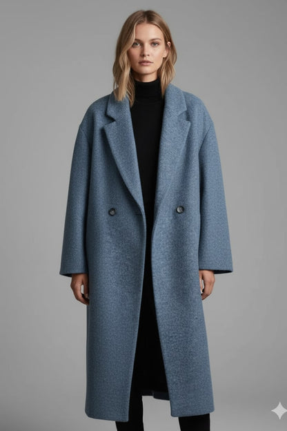 Front view of a woman wearing the blue double-breasted longline coat open over a black turtleneck.