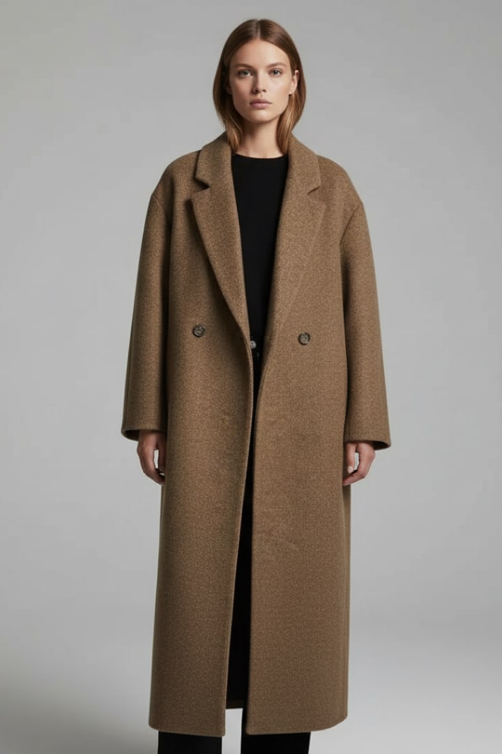 Front view of a woman wearing the brown double-breasted longline coat open over a black top.