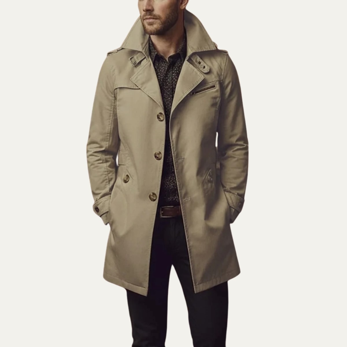 Front view of a man wearing a beige single-breasted trench coat with a patterned shirt and dark trousers.