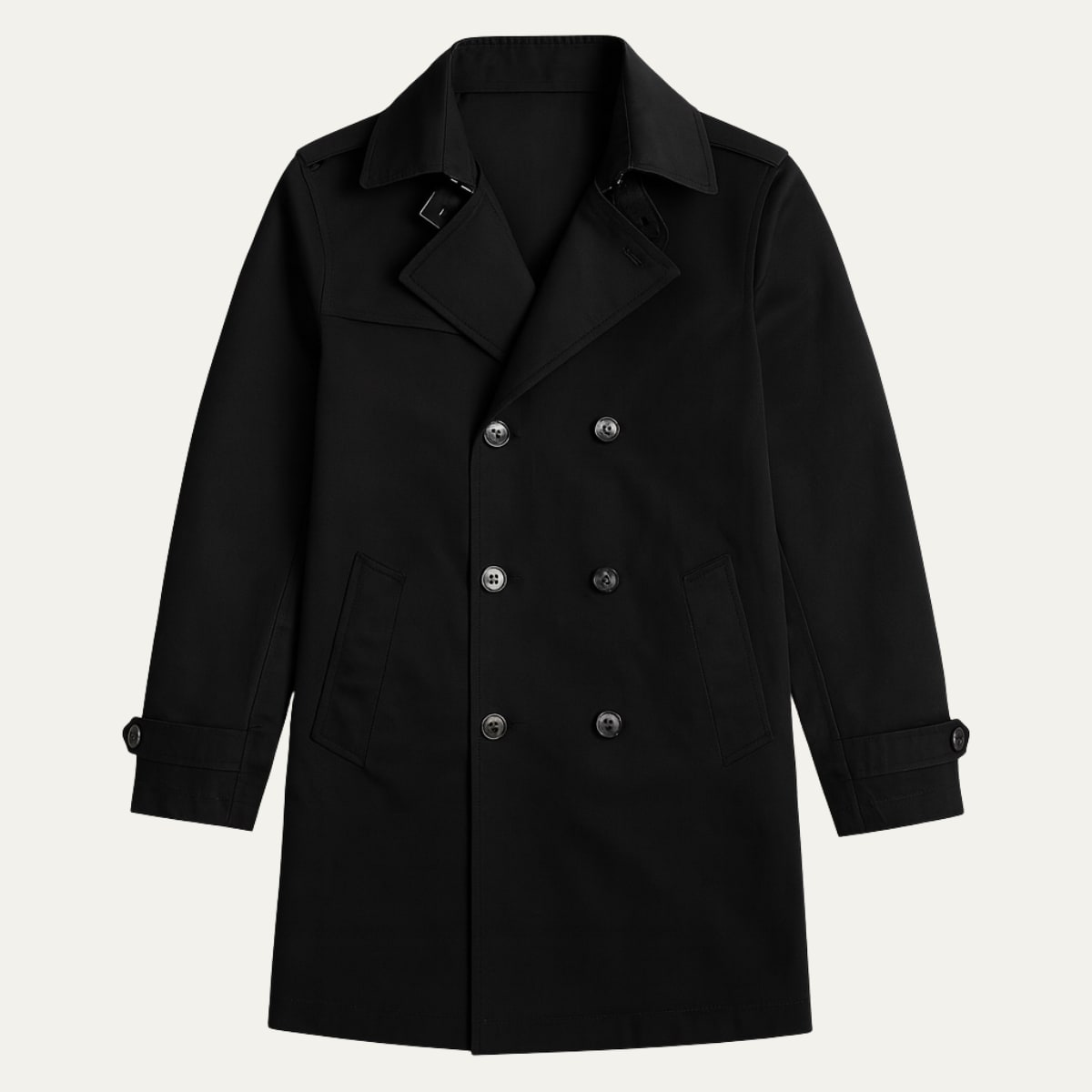 Flat lay front view of a black single-breasted trench coat with buttons and pockets.