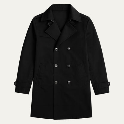 Flat lay front view of a black single-breasted trench coat with buttons and pockets.