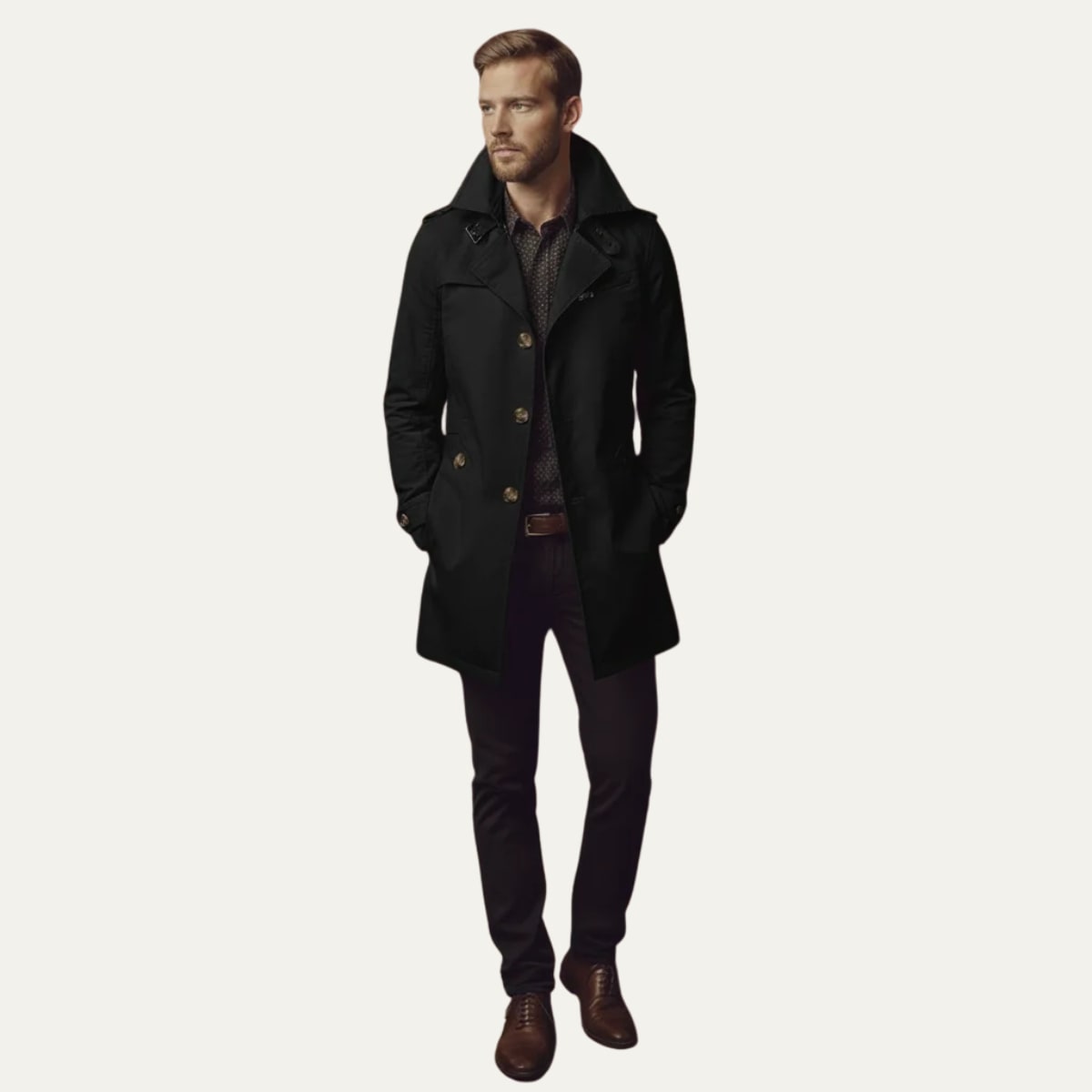 Full body front view of a man wearing a black single-breasted trench coat, patterned shirt, dark trousers, and brown shoes.