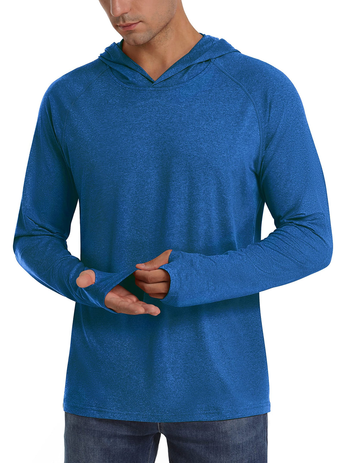 Front view of a male model wearing a blue heathered long-sleeve hooded shirt, demonstrating the thumbholes.