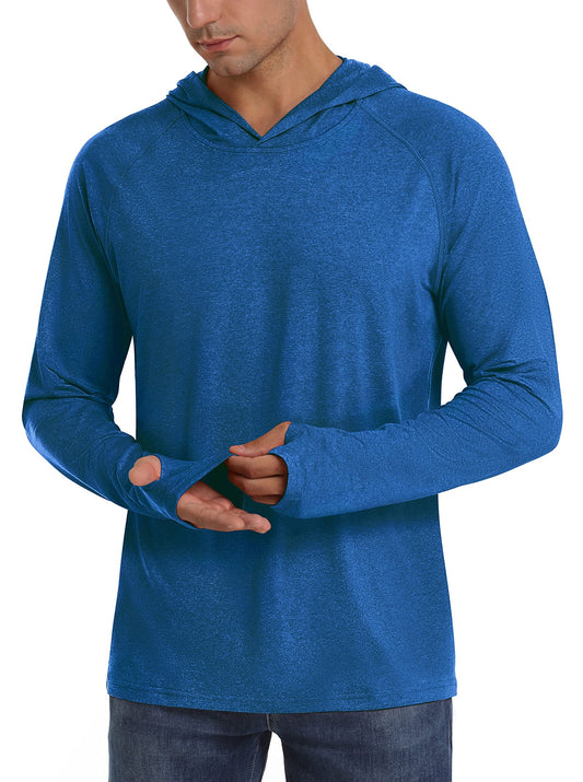 Front view of a male model wearing a blue heathered long-sleeve hooded shirt, demonstrating the thumbholes.