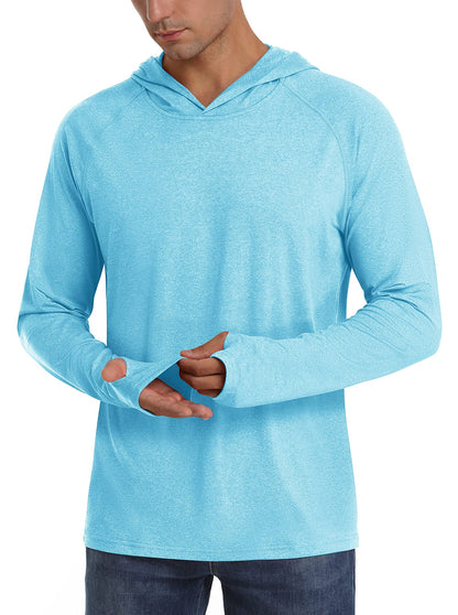 Front view of a male model wearing a light blue heathered long-sleeve hooded shirt, demonstrating the thumbholes.