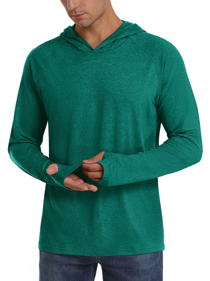Front view of a male model wearing a green heathered long-sleeve hooded shirt, demonstrating the thumbholes.
