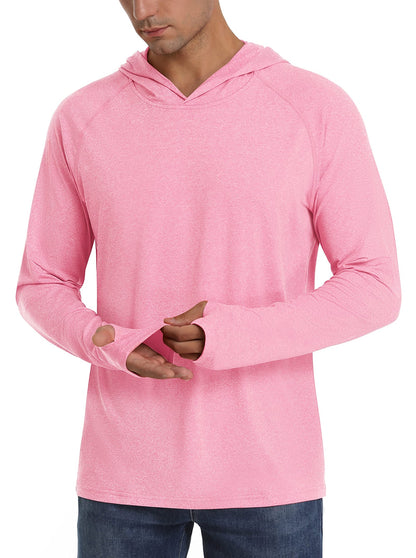 A male model wears a pink long-sleeve hooded shirt with thumbholes, shown from the chest up.