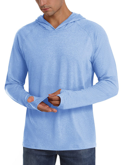 A male model wears a light blue long-sleeve hooded shirt with thumbholes, shown from the chest up.