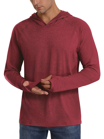 A male model wears a red long-sleeve hooded shirt with thumbholes, shown from the chest up.