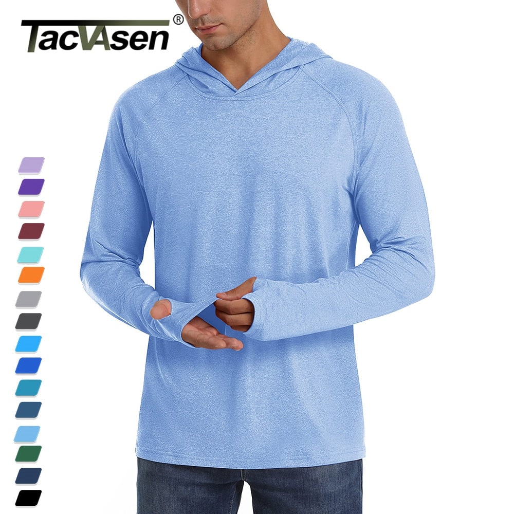 A male model wears a light blue long-sleeve hooded shirt with thumbholes, with a brand logo and color swatches on the left.