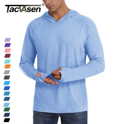 A male model wears a light blue long-sleeve hooded shirt with thumbholes, with a brand logo and color swatches on the left.