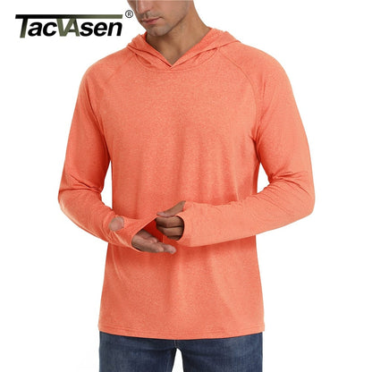 A male model wears an orange long-sleeve hooded shirt with thumbholes, with a brand logo in the top left.