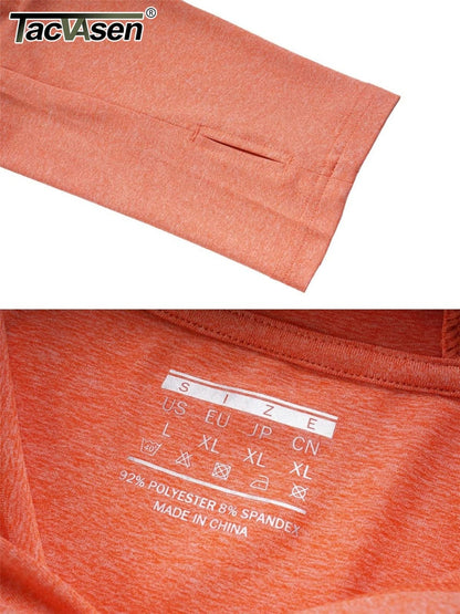 A close-up detail shot of the orange long-sleeve hooded shirt showing a thumbhole on the sleeve and the inner tag with size and fabric information.