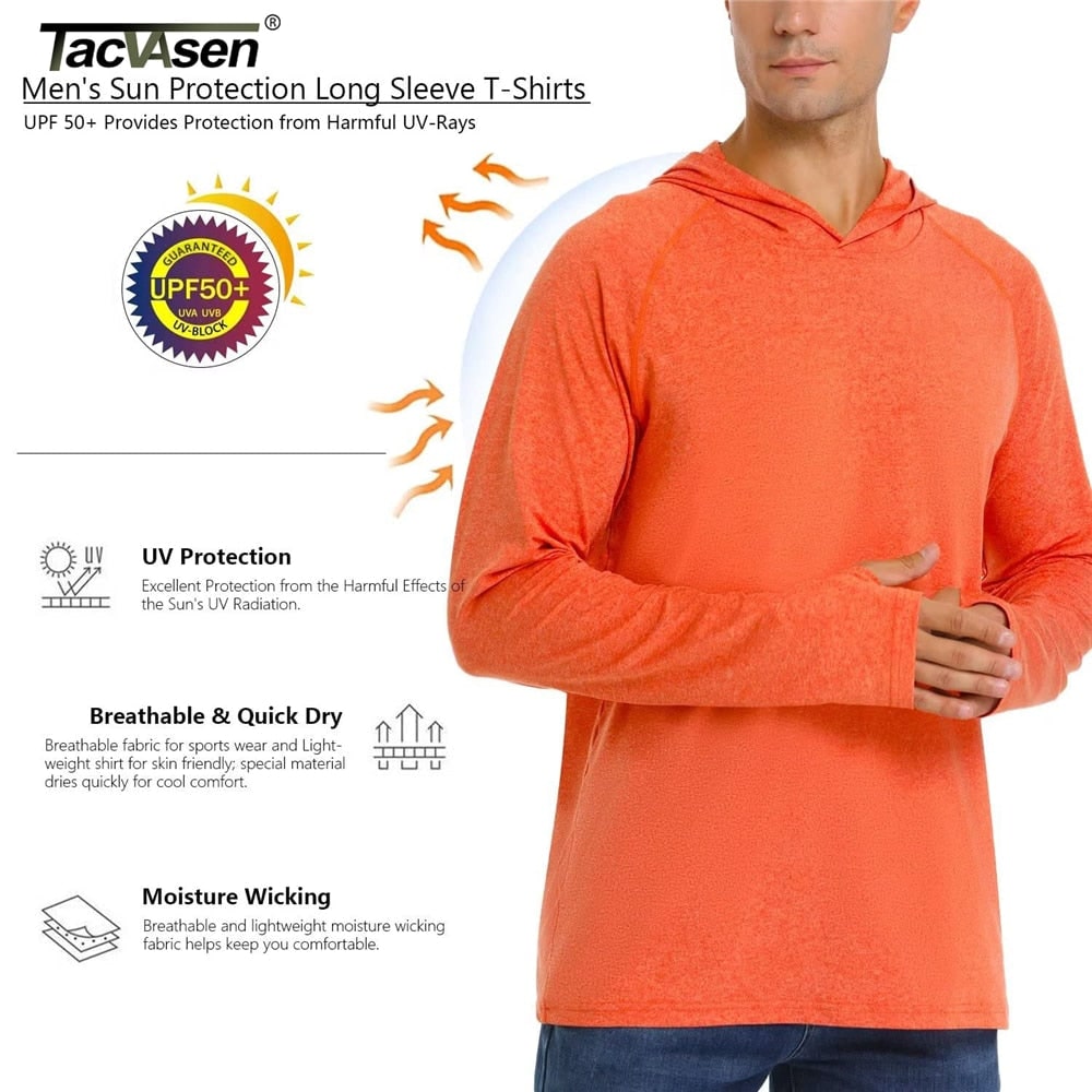 A male model wears an orange long-sleeve hooded shirt with thumbholes, with a brand logo and feature callouts for UV protection, breathability, and moisture wicking.