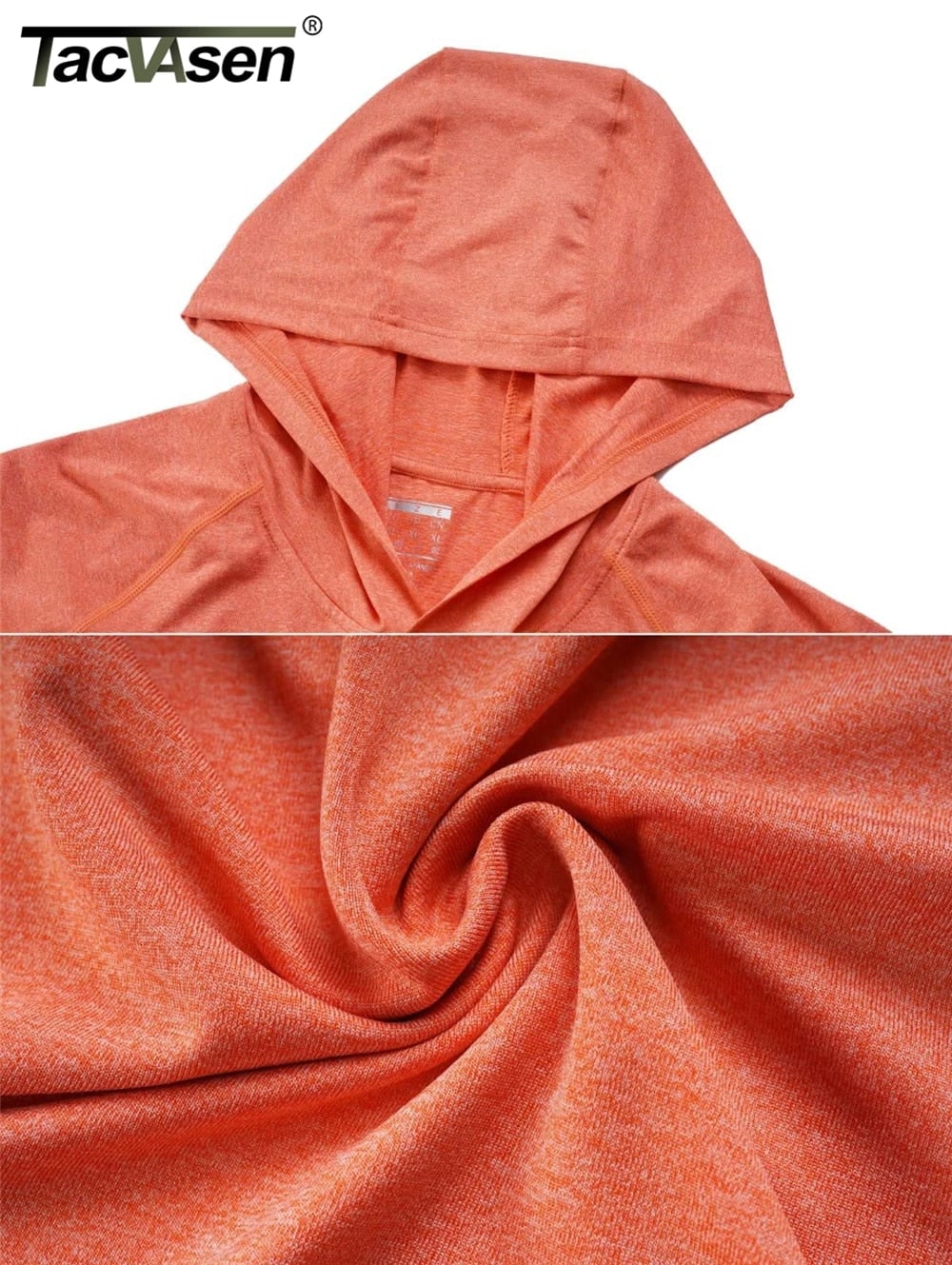 Close-up top view of an orange heathered long-sleeve hoodie with a hood, showing fabric detail.