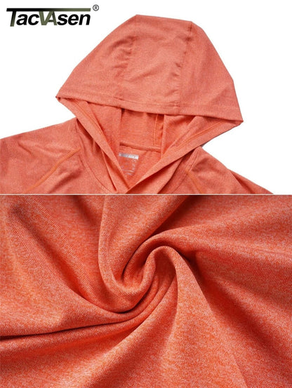 Close-up top view of an orange heathered long-sleeve hoodie with a hood, showing fabric detail.