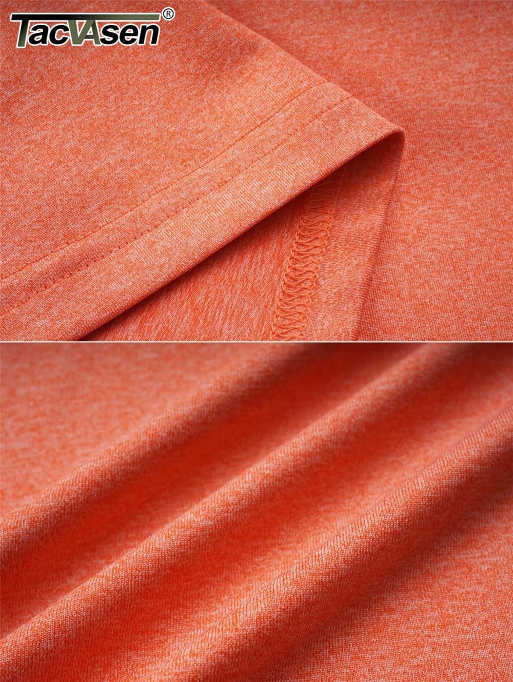 Close-up detail of the orange heathered fabric and stitching of the long-sleeve hoodie.