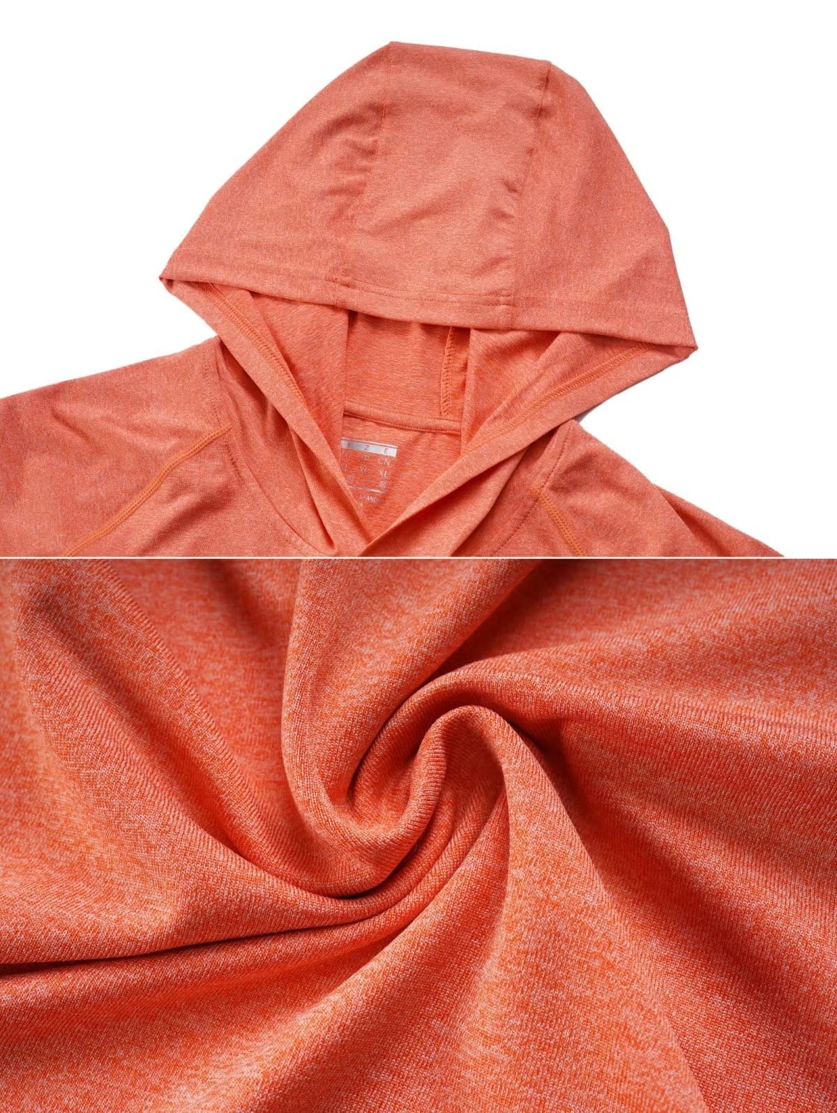 Close-up top view of an orange heathered long-sleeve hoodie with a hood, showing fabric detail.