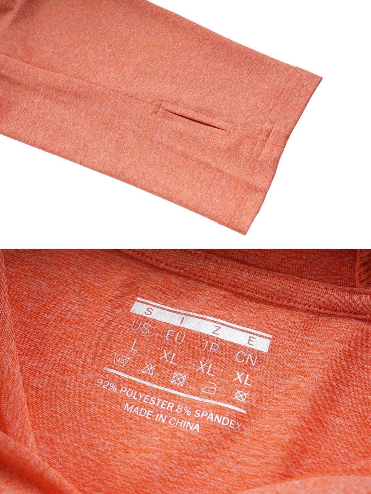 Close-up detail of the orange heathered long-sleeve hoodie's thumbhole cuff and inner care label.