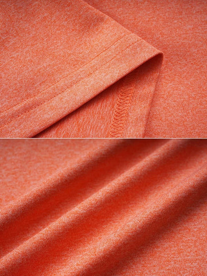 Close-up detail of the orange heathered fabric and stitching of the long-sleeve hoodie.