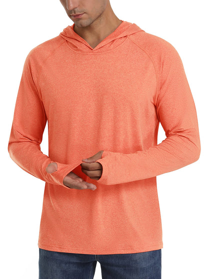 Front view of a male model wearing an orange heathered long-sleeve hoodie with thumbholes.