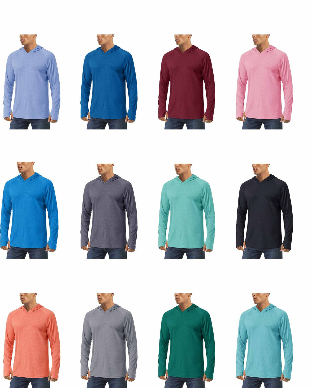 A collage showing twelve different color options for the long-sleeve hooded shirt, each on a male model.