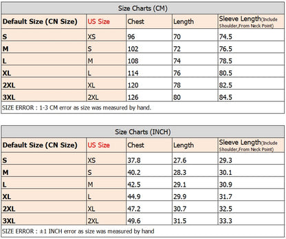 A size chart displaying measurements in both centimeters and inches for the long-sleeve hooded shirt.