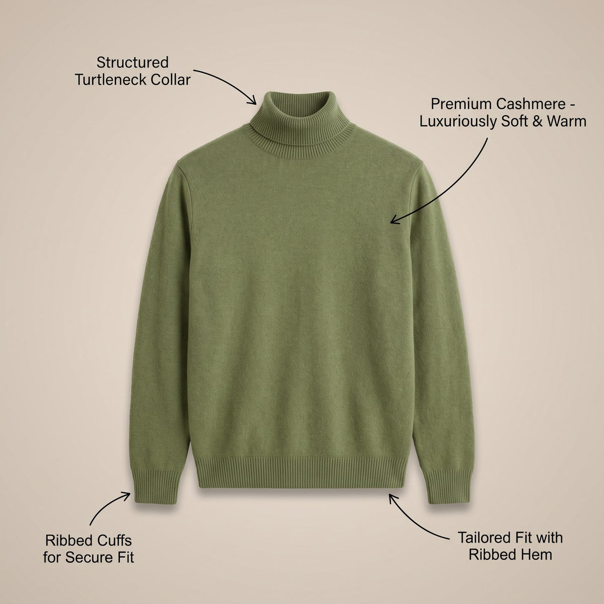 Flat lay of a sage green turtleneck sweater with descriptive text overlays highlighting its features.