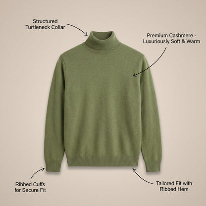 Flat lay of a sage green turtleneck sweater with descriptive text overlays highlighting its features.