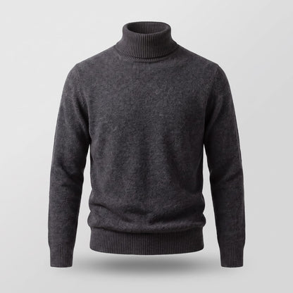 Front view of a dark grey turtleneck sweater on a ghost mannequin.