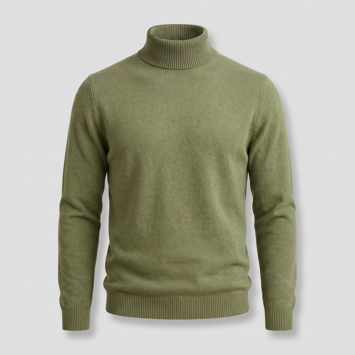 Front view of a sage green turtleneck sweater on a ghost mannequin.