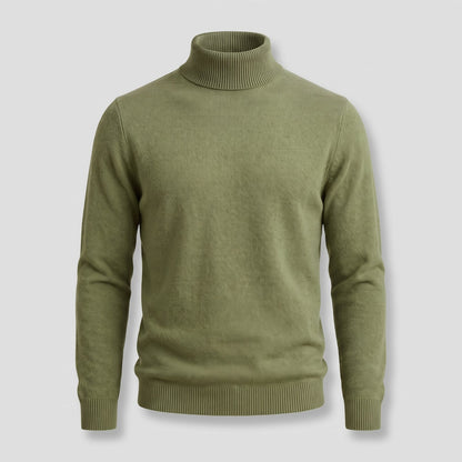 Front view of a sage green turtleneck sweater on a ghost mannequin.