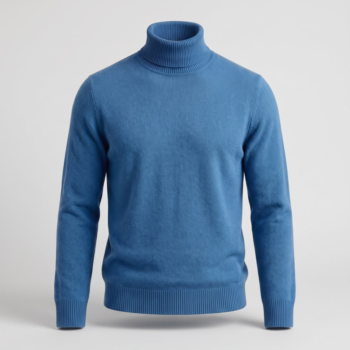 Front view of a blue turtleneck sweater on a ghost mannequin.
