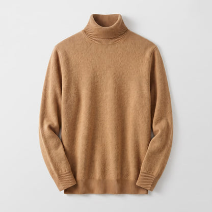 Front view of a camel-colored turtleneck sweater on a ghost mannequin.