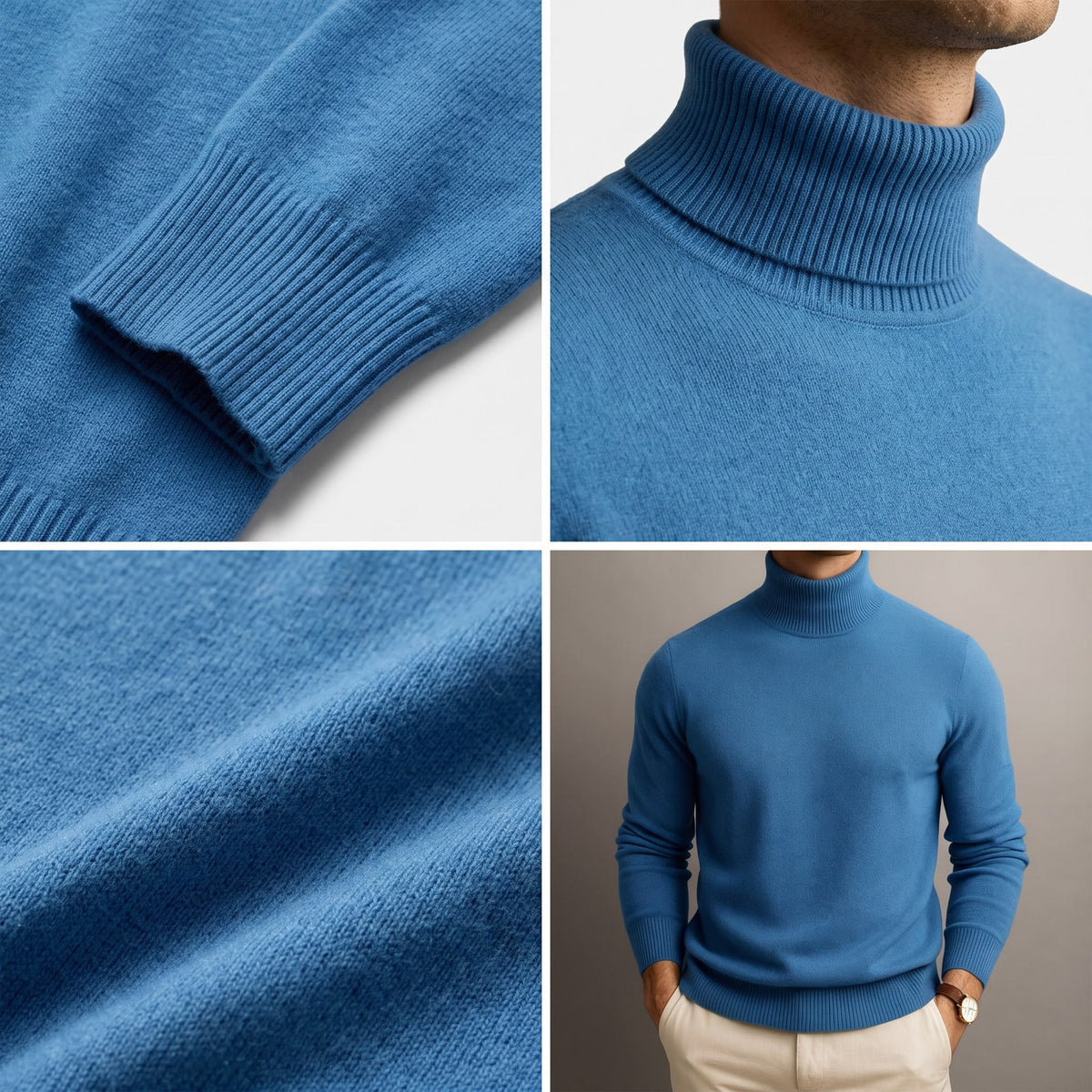 A collage of four images showing details of a blue turtleneck sweater, including the cuff, collar, fabric texture, and a full view on a model.