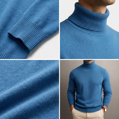 A collage of four images showing details of a blue turtleneck sweater, including the cuff, collar, fabric texture, and a full view on a model.