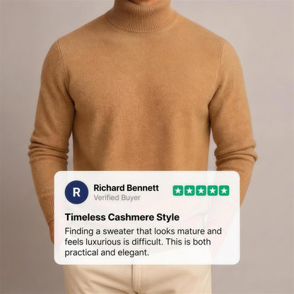 A model wears a tan turtleneck sweater, with a customer review overlay praising its timeless cashmere style.