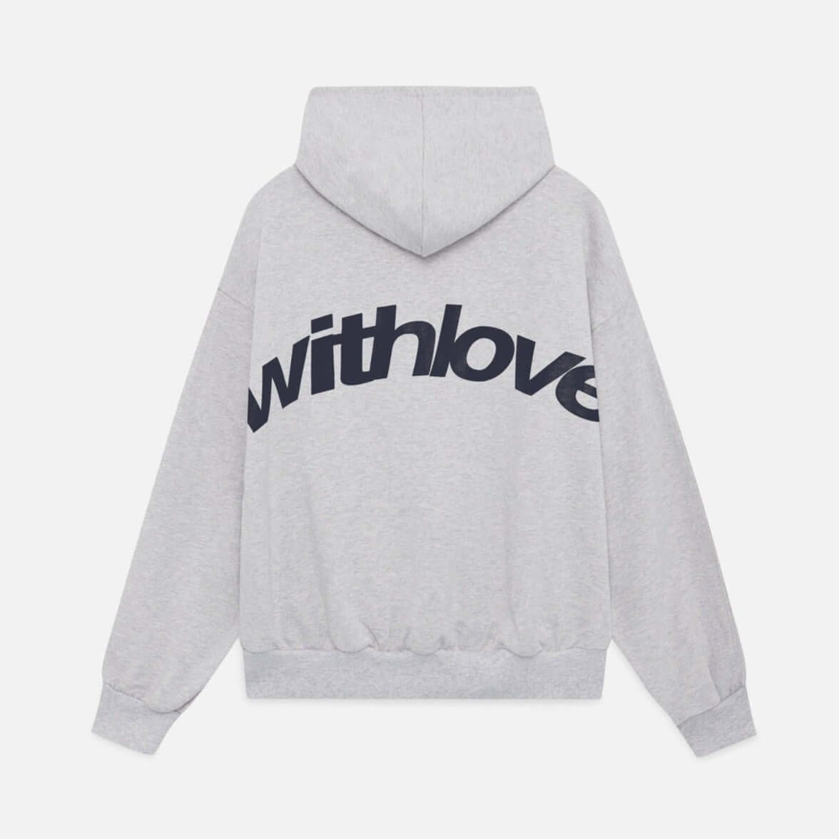 Back view of a grey hoodie with 'Withlove' printed in dark blue across the shoulders.