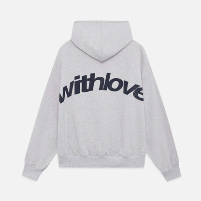 Back view of a grey hoodie with 'Withlove' printed in dark blue across the shoulders.